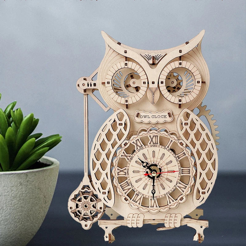 3D DIY Wooden Puzzle Jigsaw Owl Pendulum Vintage Clock Model Block Kits Creative Assembled Toy Gift for Adults Children Teens