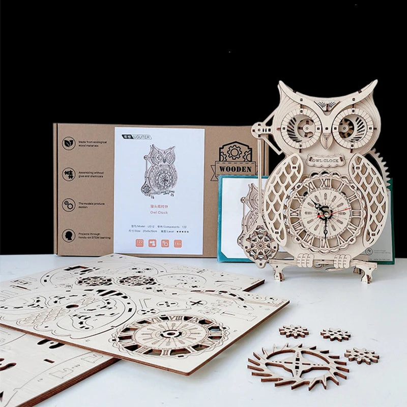 3D DIY Wooden Puzzle Jigsaw Owl Pendulum Vintage Clock Model Block Kits Creative Assembled Toy Gift for Adults Children Teens