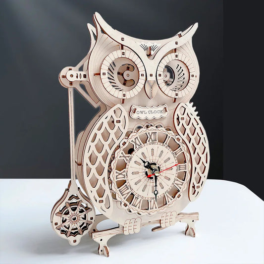 3D DIY Wooden Puzzle Jigsaw Owl Pendulum Vintage Clock Model Block Kits Creative Assembled Toy Gift for Adults Children Teens