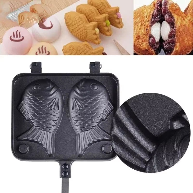 Kitchen Japanese Taiyaki Double Fish Shaped Hot Dessert Waffle Cake Maker Pan Japanese Pancake Double Pan Fry Pan Waffle Molds