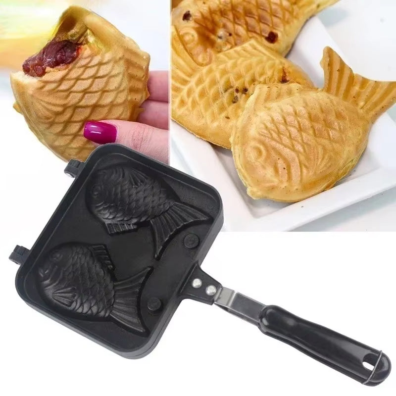 Kitchen Japanese Taiyaki Double Fish Shaped Hot Dessert Waffle Cake Maker Pan Japanese Pancake Double Pan Fry Pan Waffle Molds